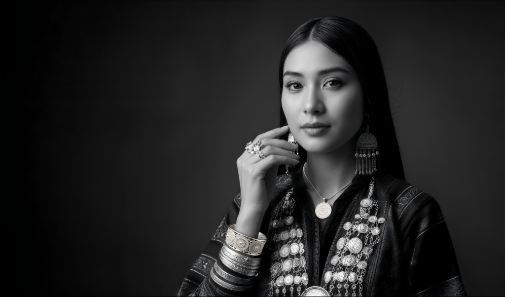 Model wearing heritage-inspired silver jewelry by EZAN Craft